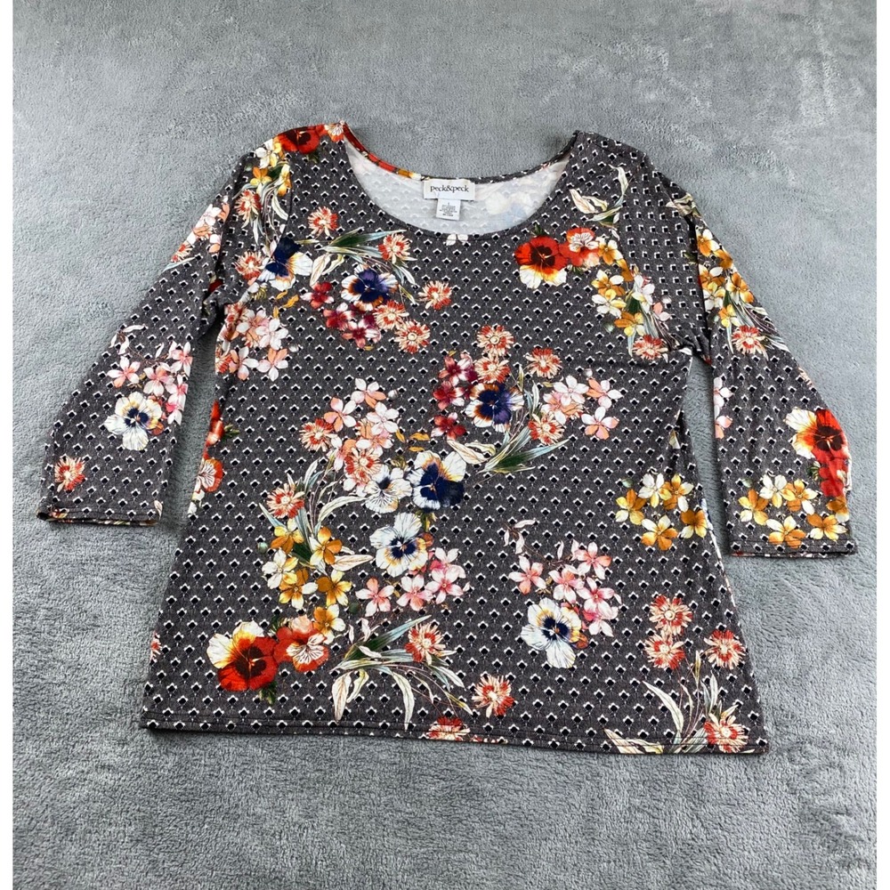 Peck & Peck Women's Size L Floral Print 3/4 Sleeve Top Viscose Spandex Gray